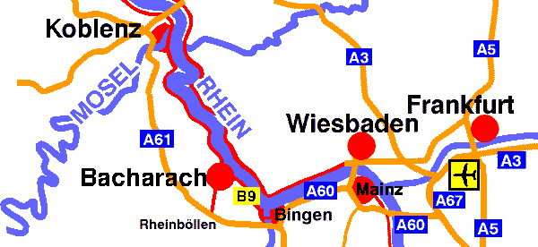 Road map Bacharach Germany on the Rhine River