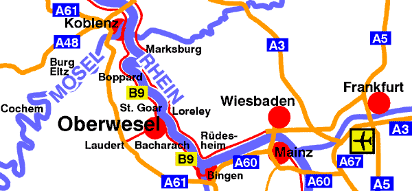 Rhine road map between Coblence / Koblenz and Frankfurt airport